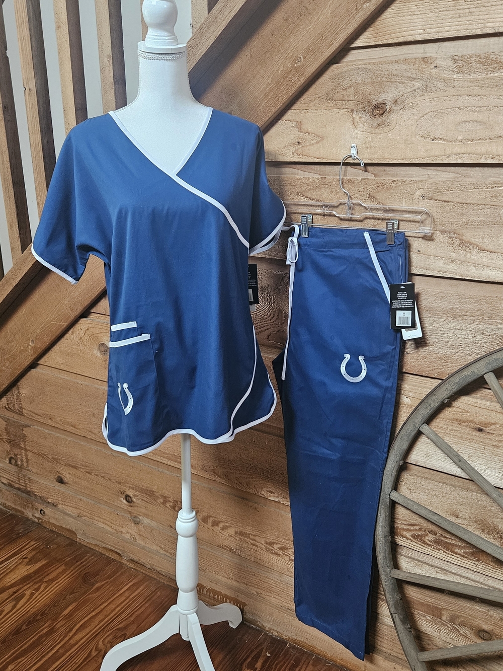 Colts Blue Nursing Scrub Set with White Trim and Horseshoe Accent